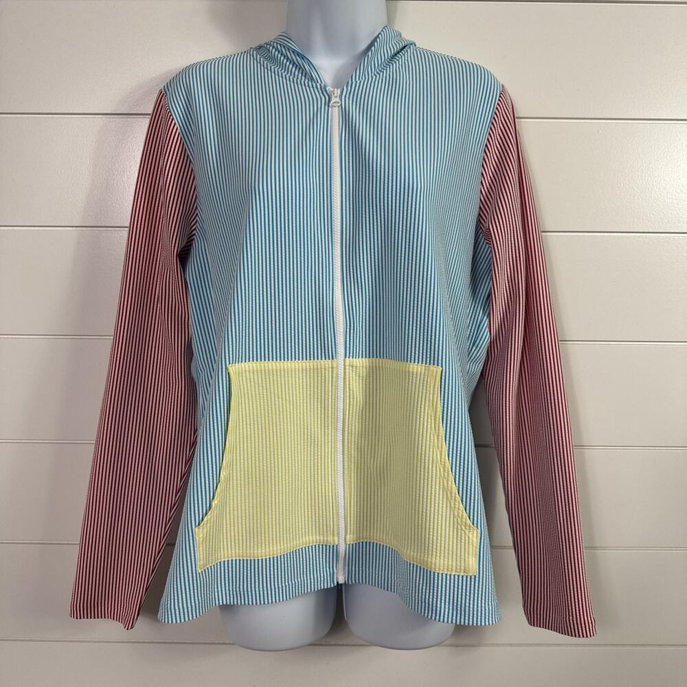Lands End Seersucker Hoodie Jacket Full Zip Stripe Colorblock sz L